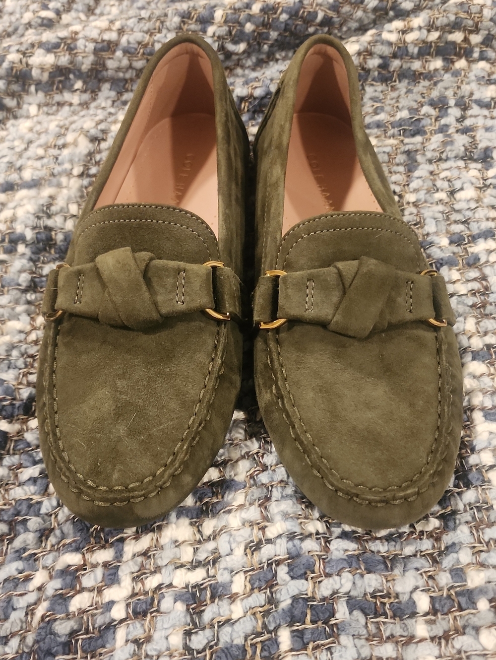 Cole Haan Olive Green Suede Braided Strap Loafers with Gold Accents 7b Excellent